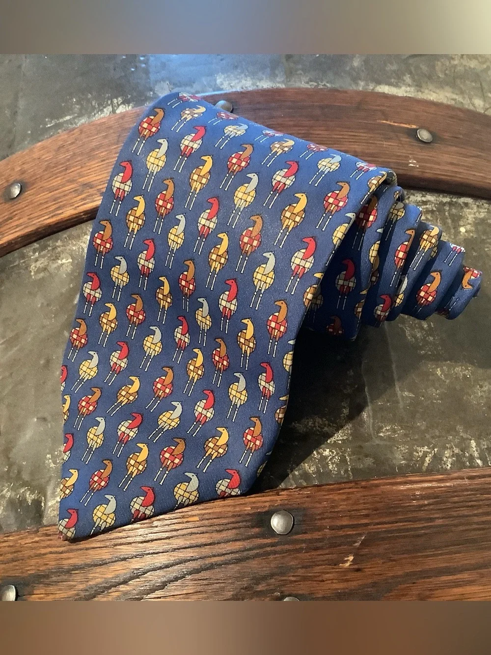 Salvatore Ferragamo Blue Silk Tie with Red and Gold Motif - EUC